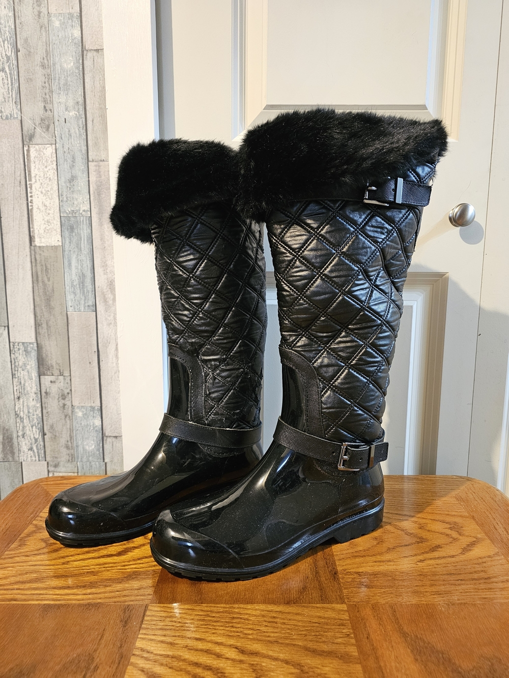 Michael Kors Women's Black Quilted Faux-Fur Tall Rain Boots